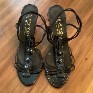 New York Transit Black Jeweled Strappy Heels